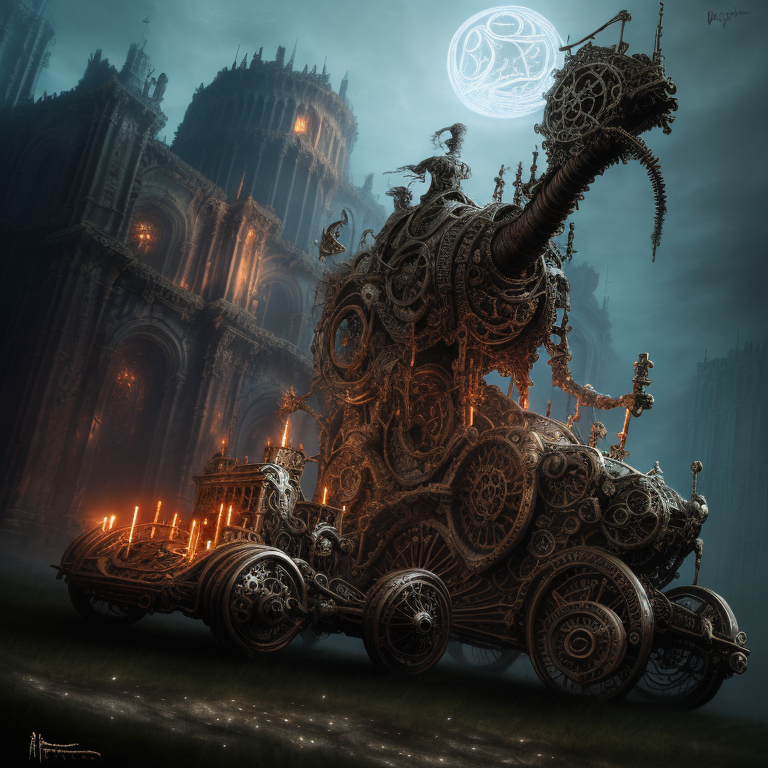 elden ring style biomechanical steampunk vehicle reminiscent of fast sportscar with robotic parts and (glowing) lights par...